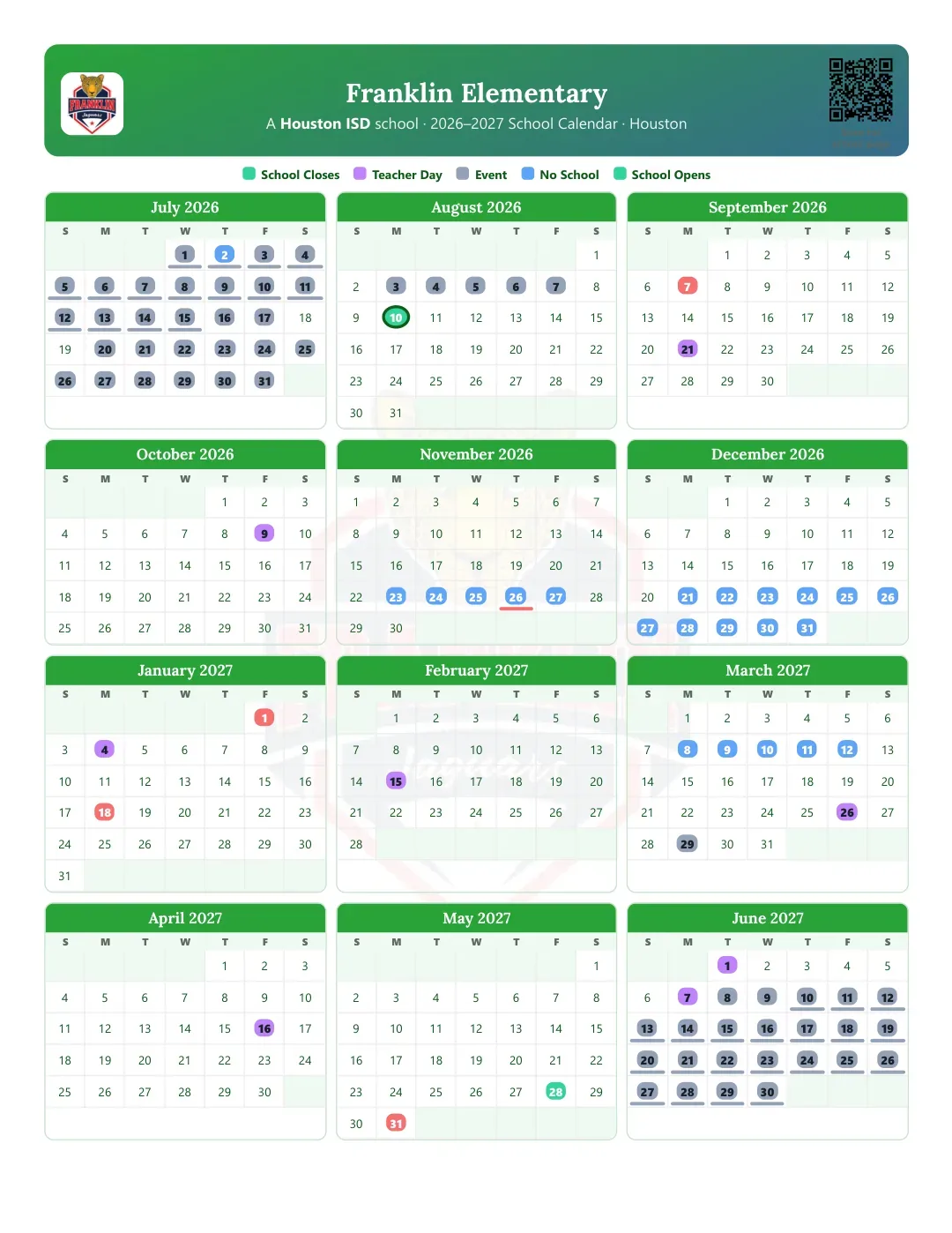 Franklin Elementary Calendar for the Year 26-27
