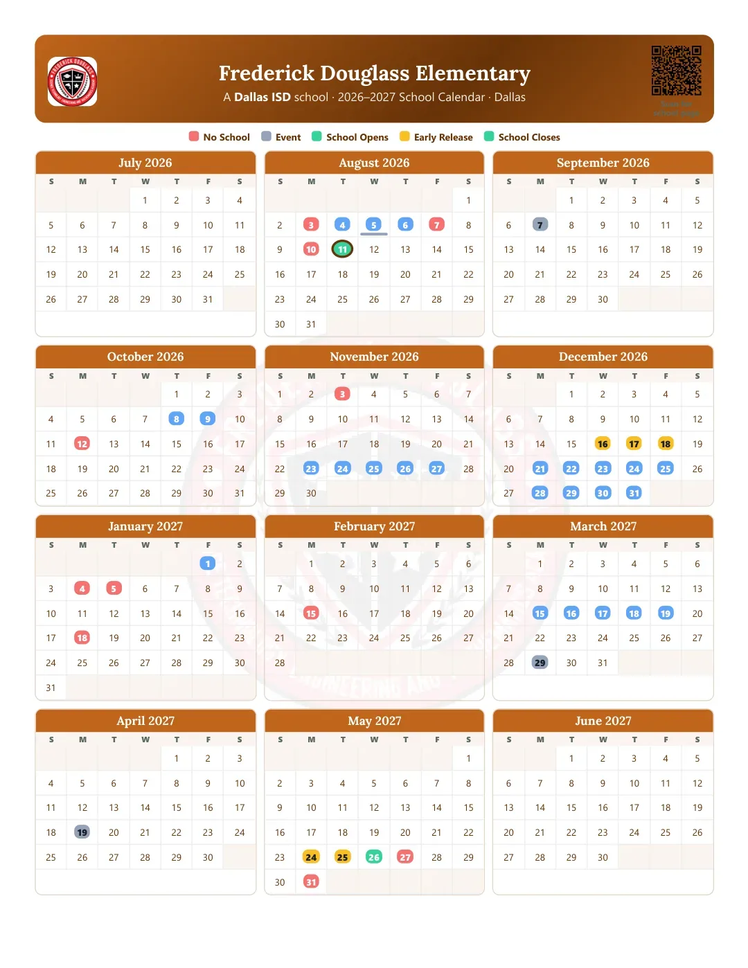 Frederick Douglass Elementary Calendar for the Year 26-27