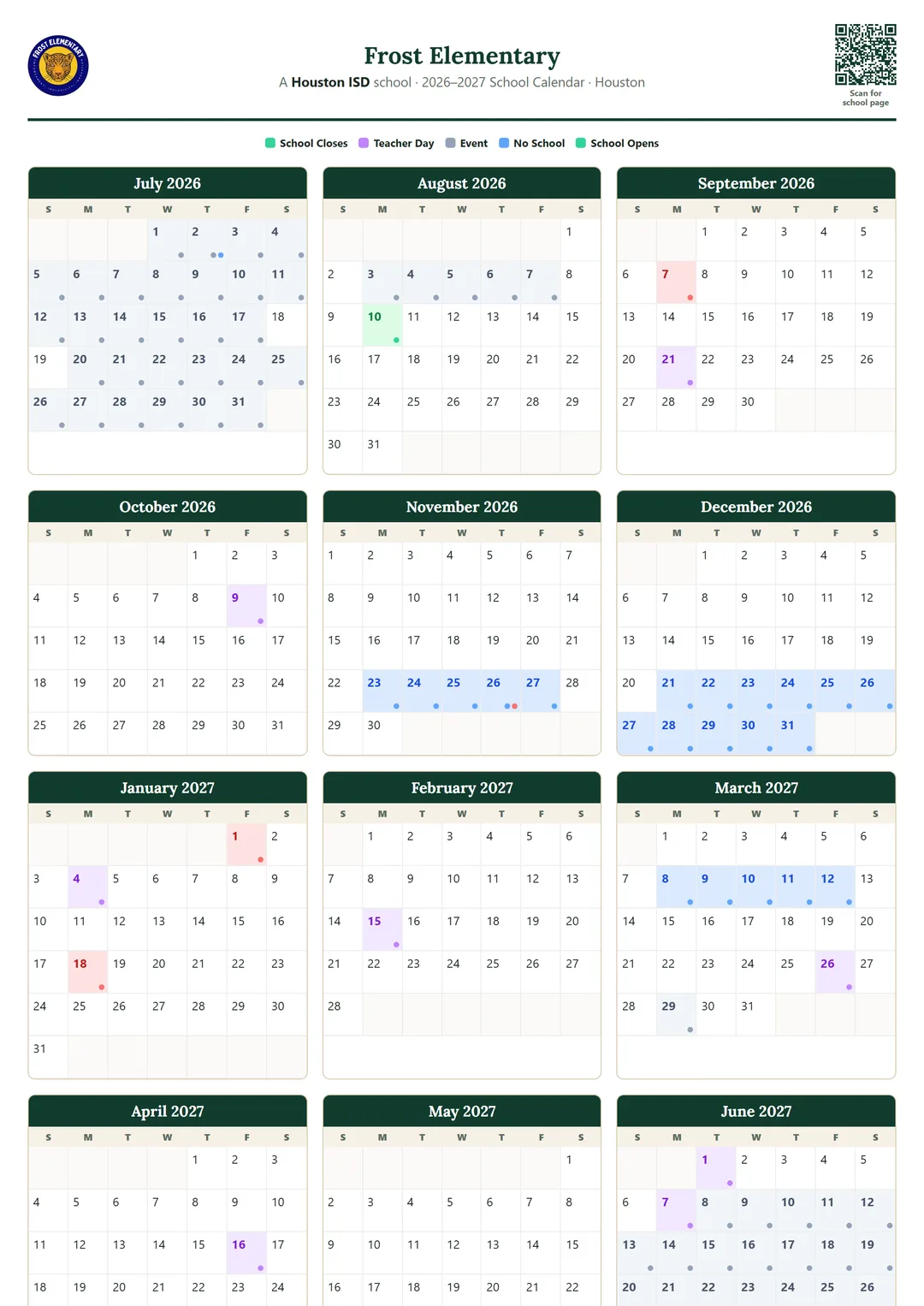 Frost Elementary printable 2026–2027 calendar