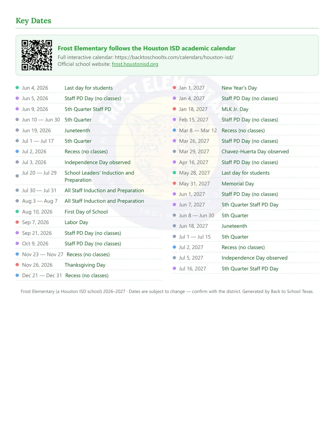 Frost Elementary Calendar for the Year 26-27 — key dates