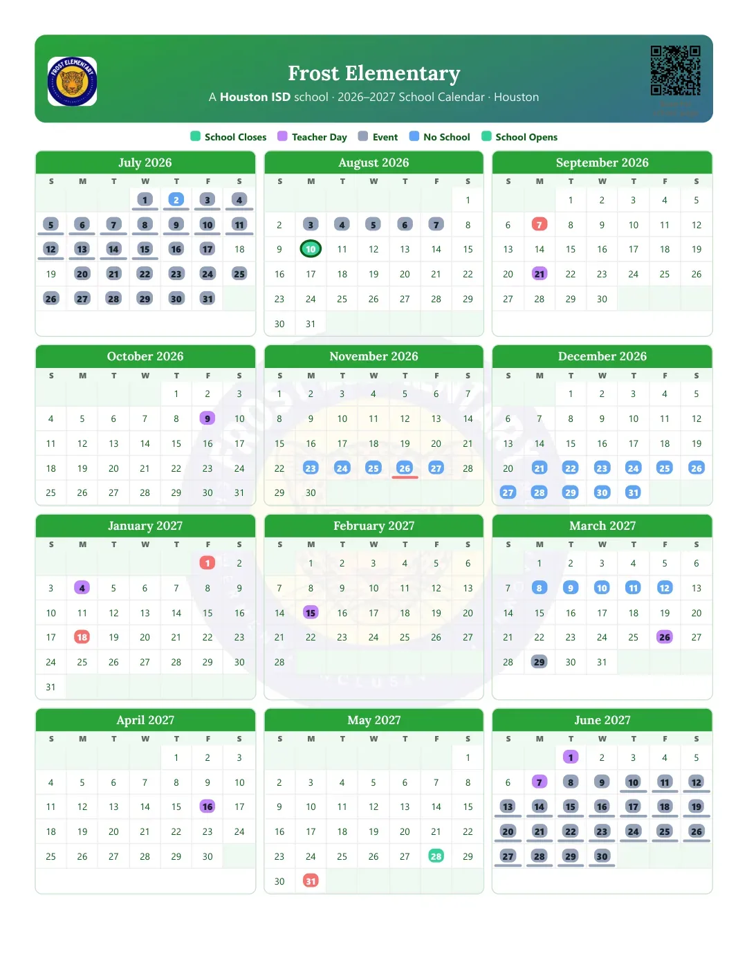Frost Elementary Calendar for the Year 26-27