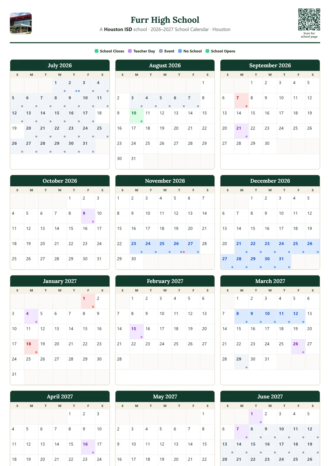 Furr High School printable 2026–2027 calendar