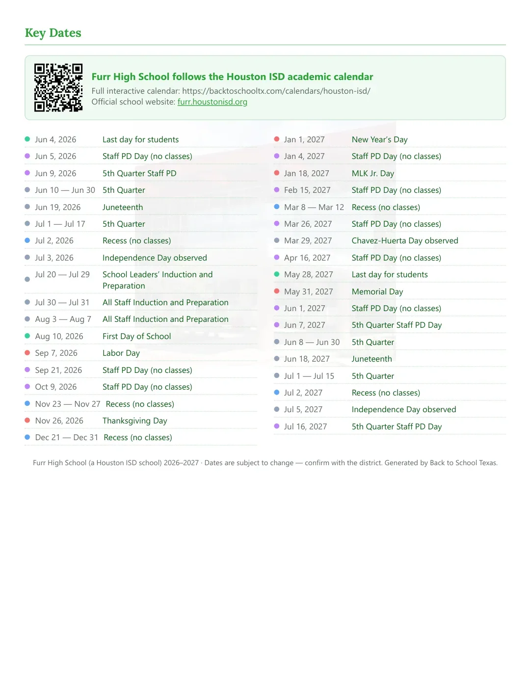 Furr High School Calendar for the Year 26-27 — key dates