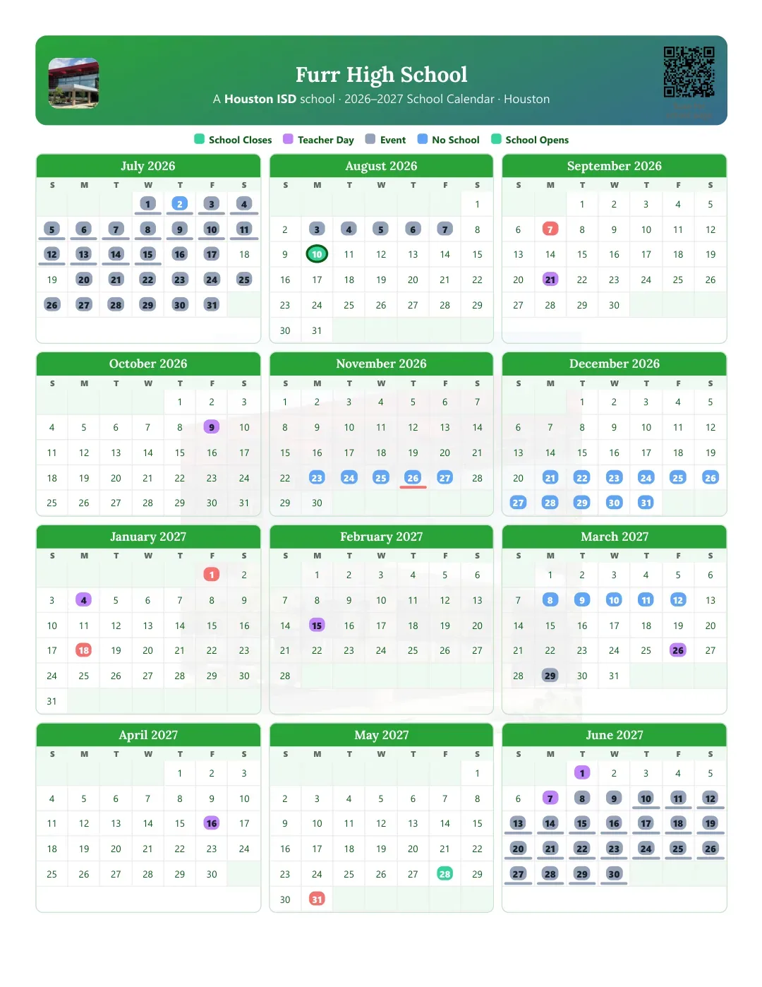 Furr High School Calendar for the Year 26-27