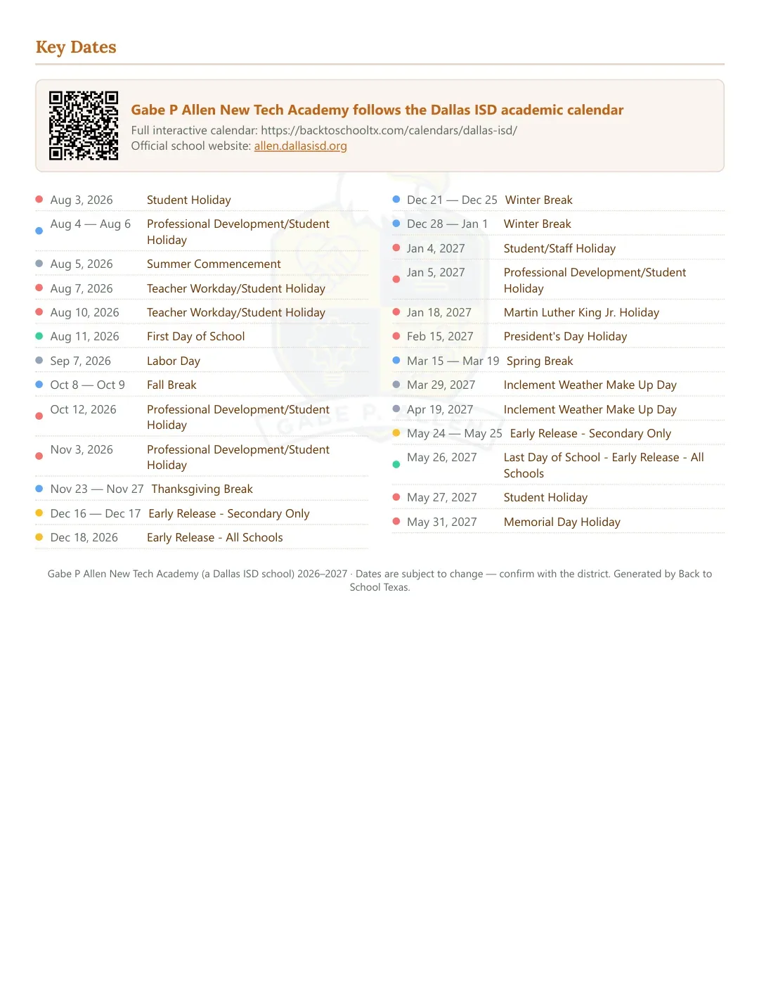Gabe P Allen New Tech Academy Calendar for the Year 26-27 — key dates