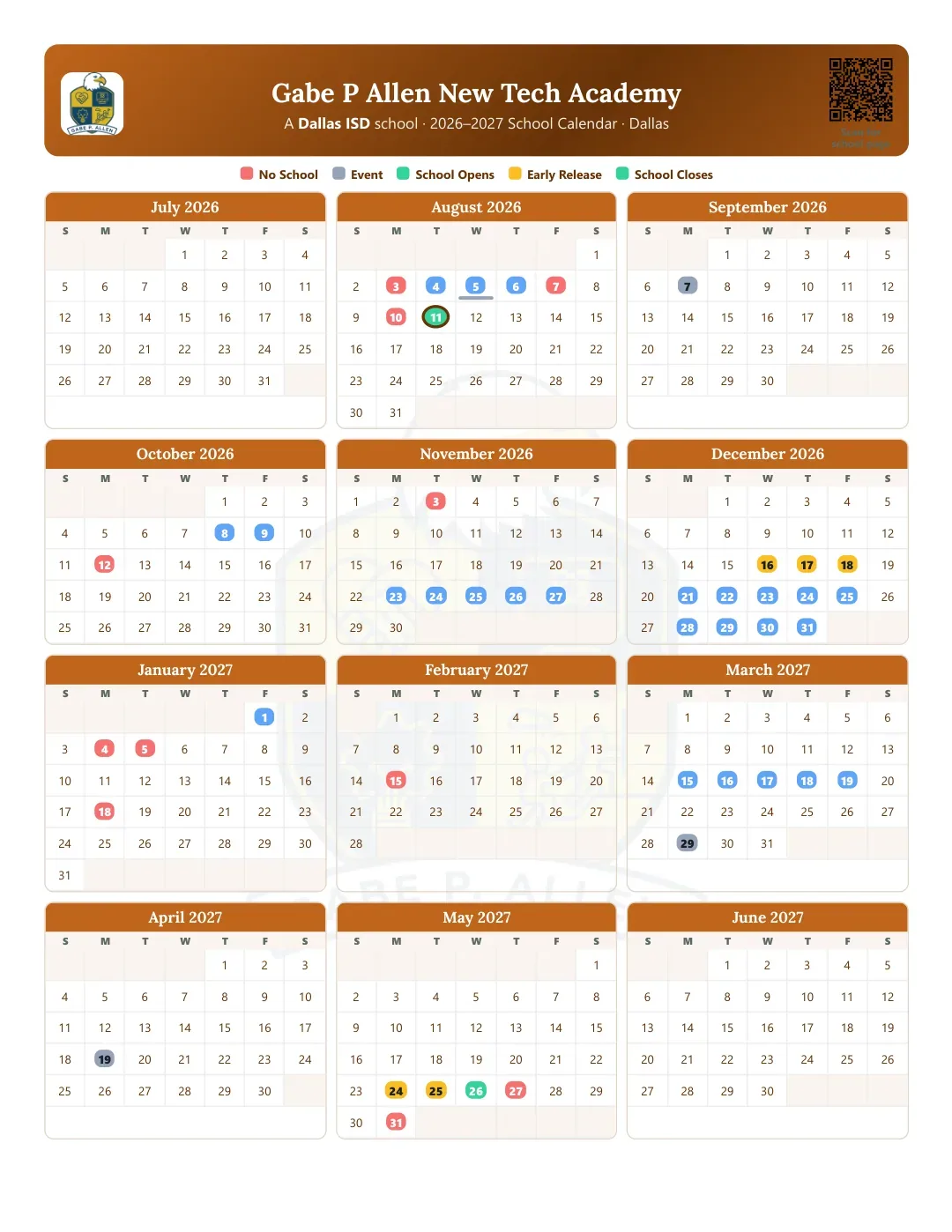 Gabe P Allen New Tech Academy Calendar for the Year 26-27