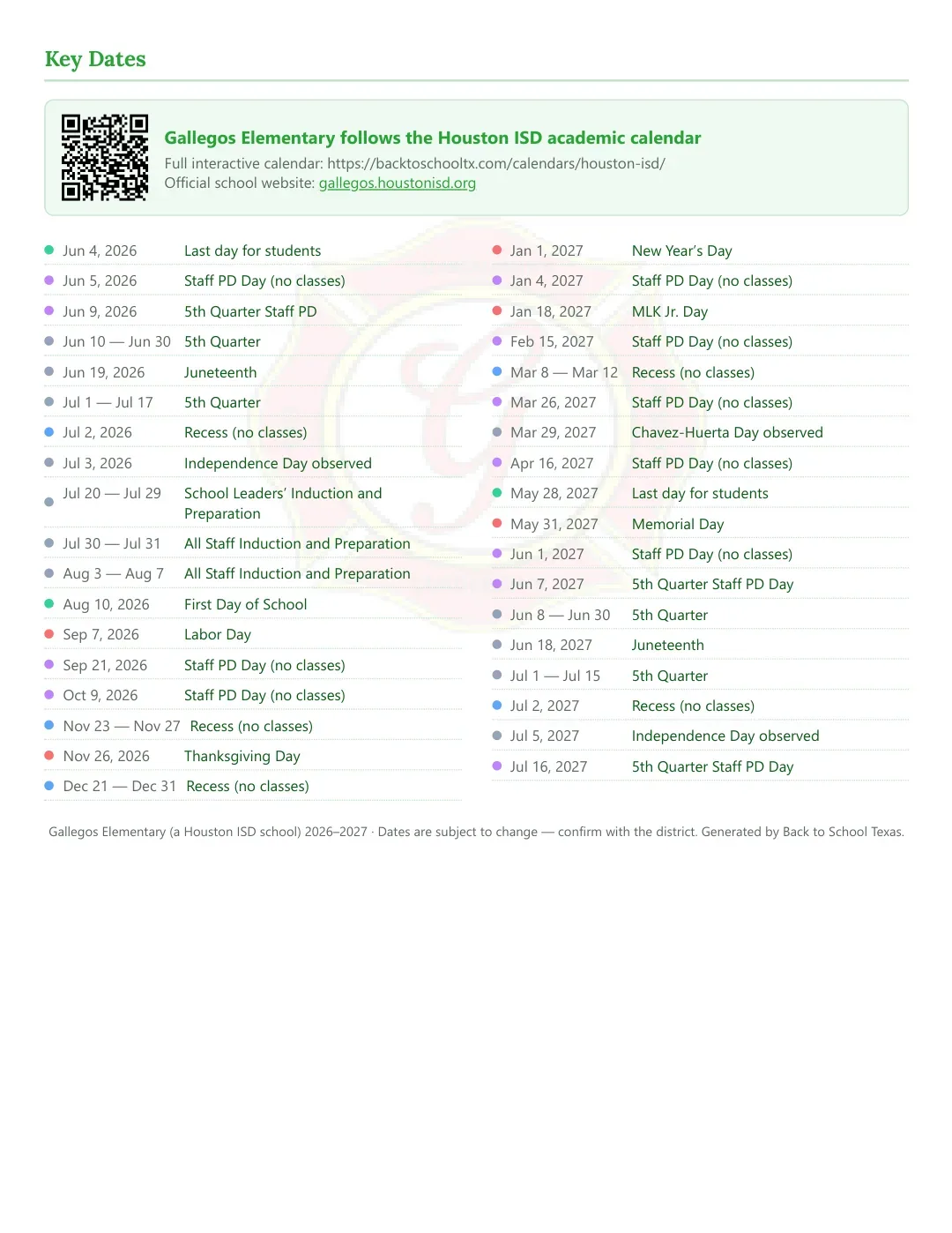 Gallegos Elementary Calendar for the Year 26-27 — key dates