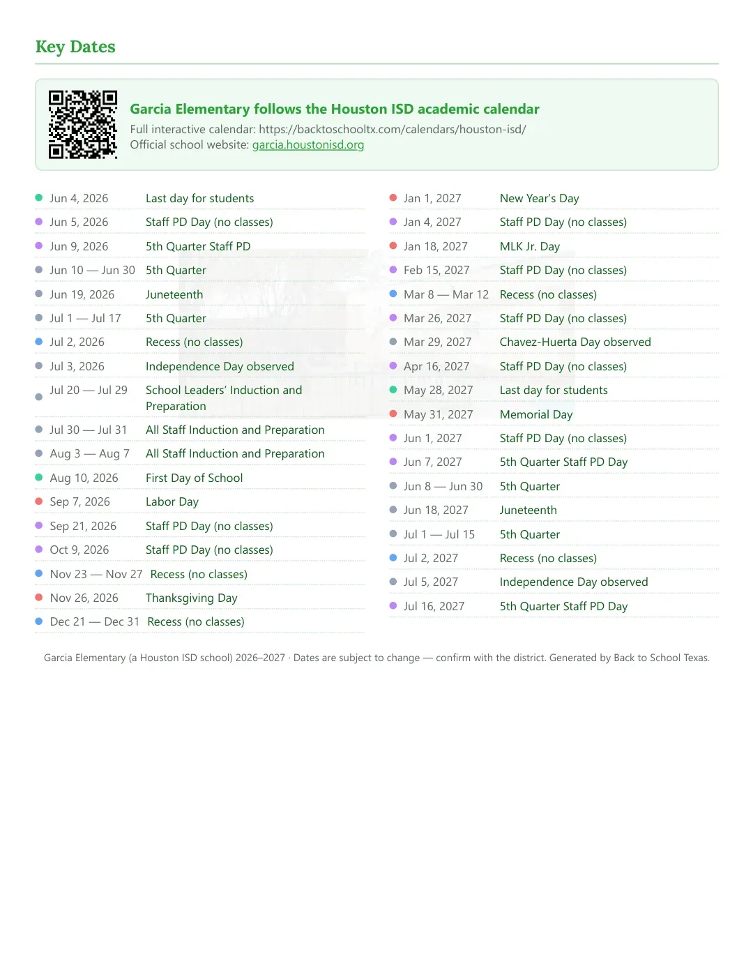 Garcia Elementary Calendar for the Year 26-27 — key dates