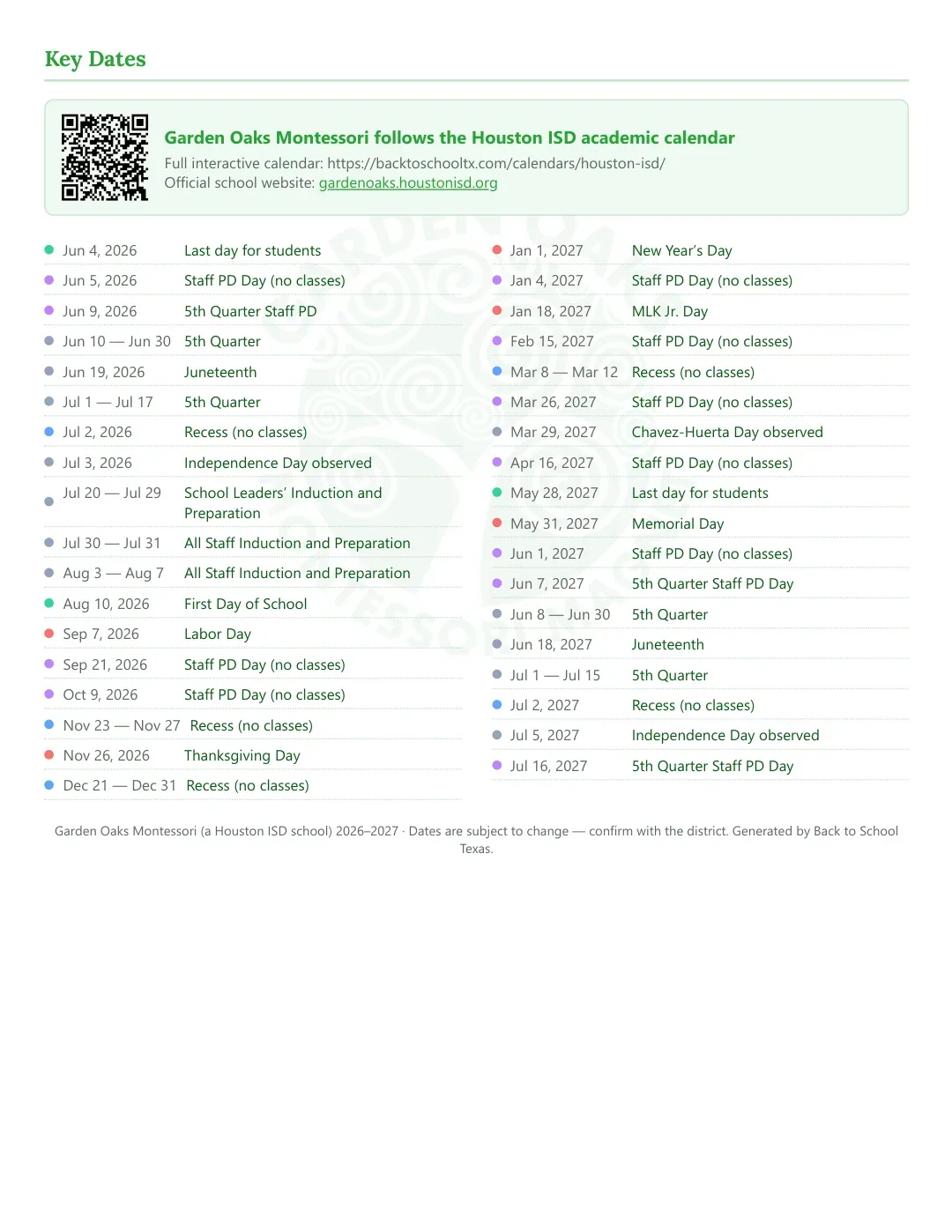 Garden Oaks Montessori Calendar for the Year 26-27 — key dates
