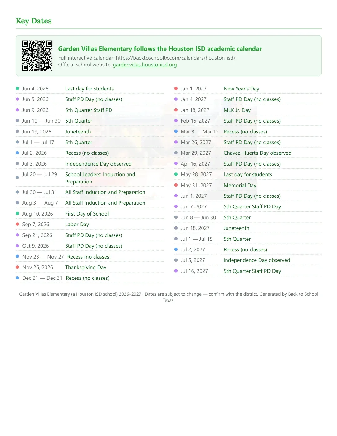 Garden Villas Elementary Calendar for the Year 26-27 — key dates