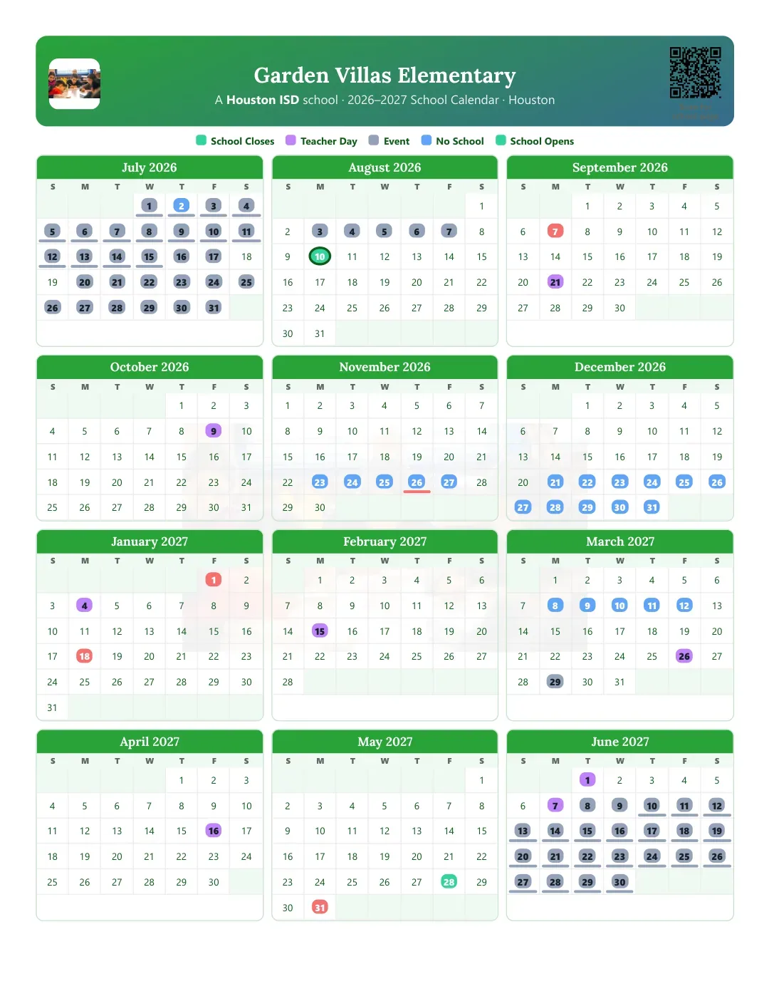 Garden Villas Elementary Calendar for the Year 26-27