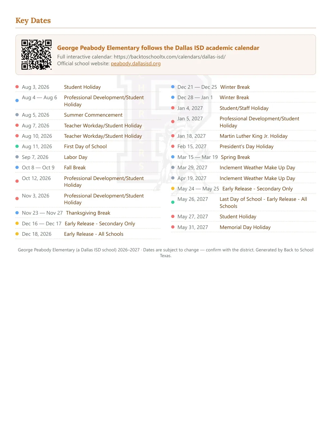 George Peabody Elementary Calendar for the Year 26-27 — key dates