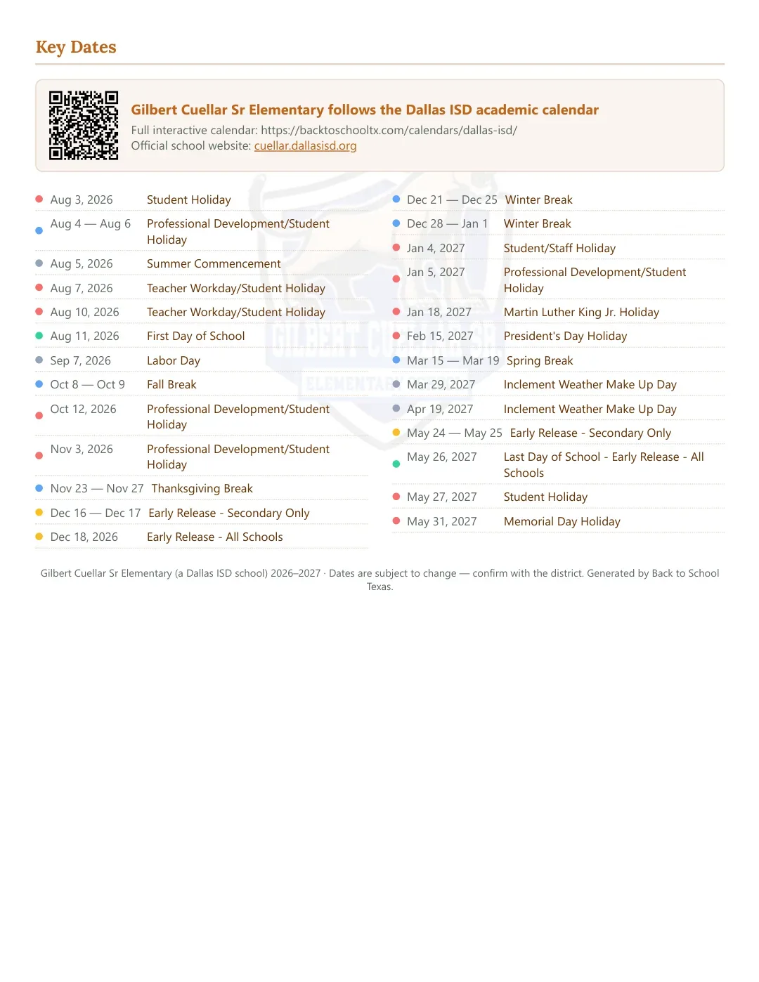 Gilbert Cuellar Sr Elementary Calendar for the Year 26-27 — key dates