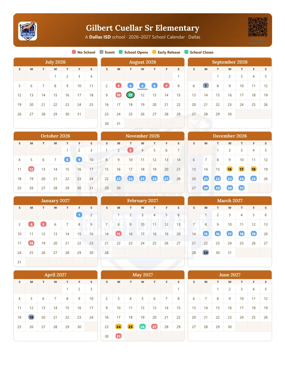 Gilbert Cuellar Sr Elementary Calendar for the Year 26-27