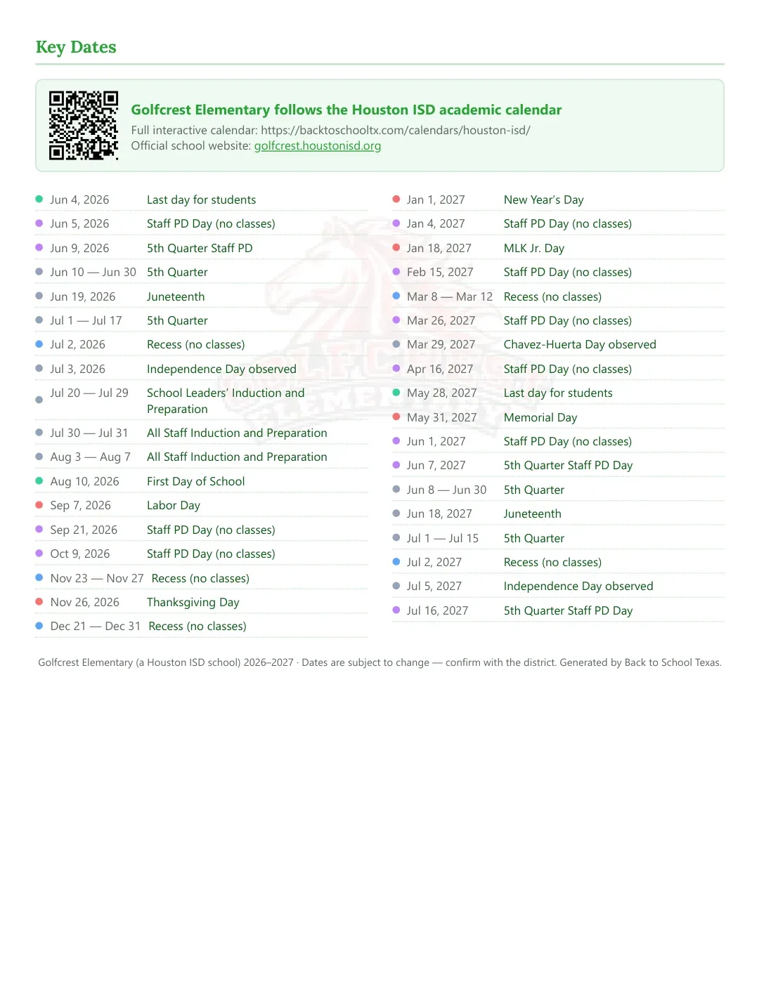 Golfcrest Elementary Calendar for the Year 26-27 — key dates