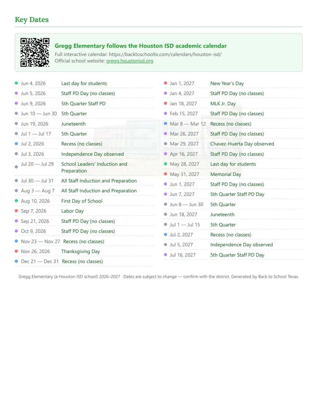 Gregg Elementary Calendar for the Year 26-27 — key dates