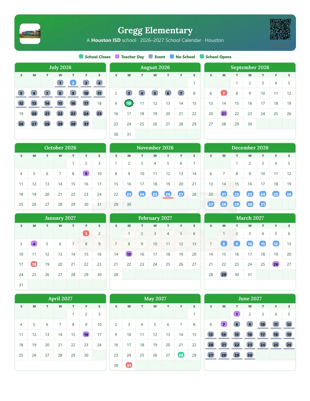 Gregg Elementary Calendar for the Year 26-27