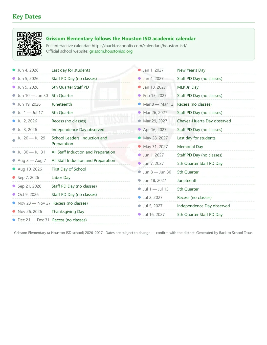 Grissom Elementary Calendar for the Year 26-27 — key dates