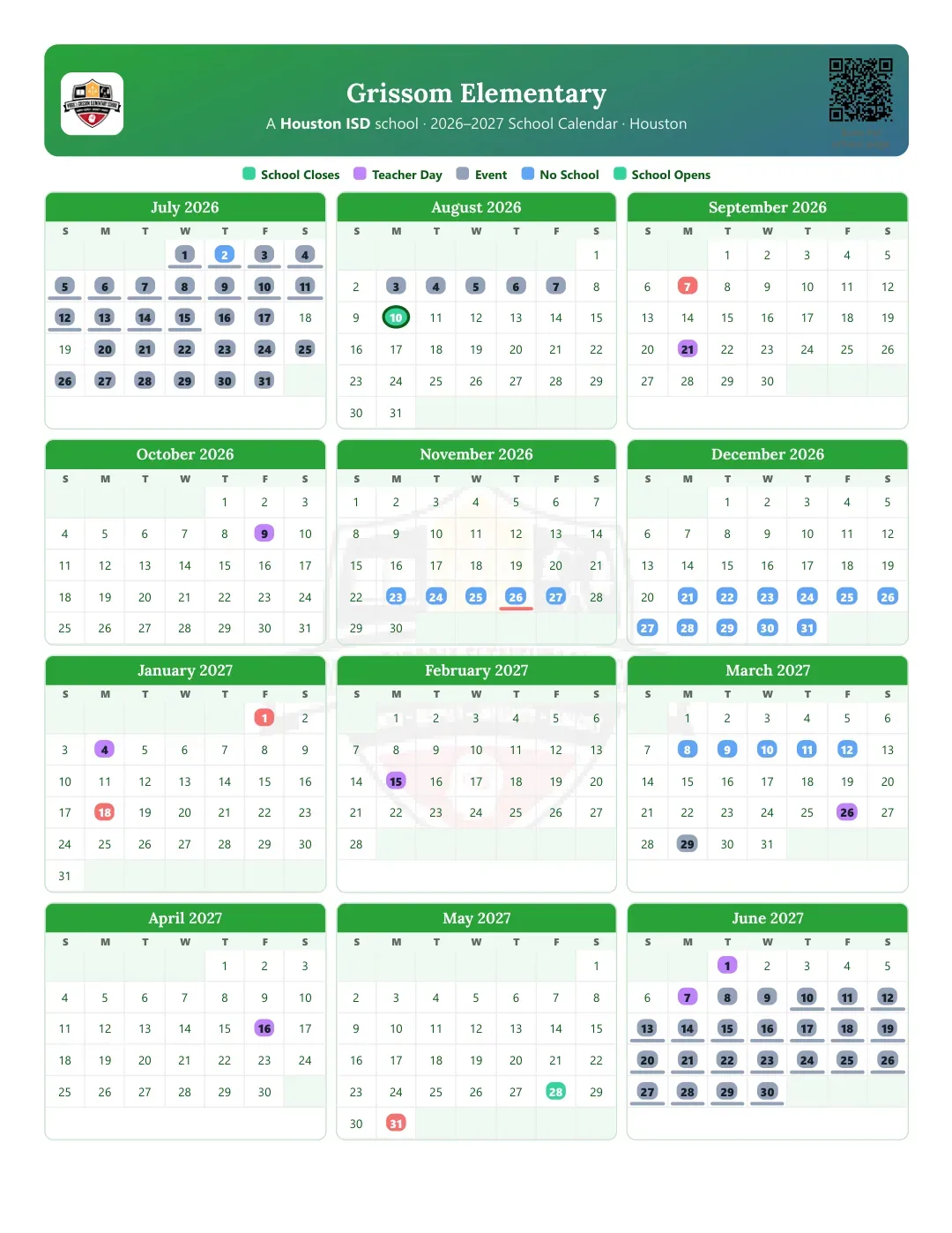 Grissom Elementary Calendar for the Year 26-27