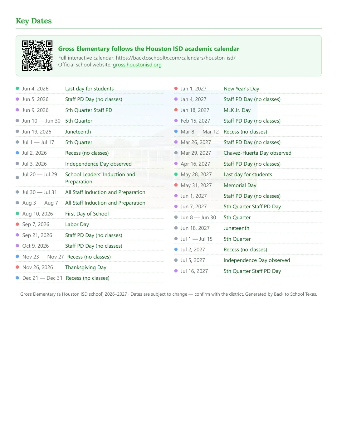 Gross Elementary Calendar for the Year 26-27 — key dates