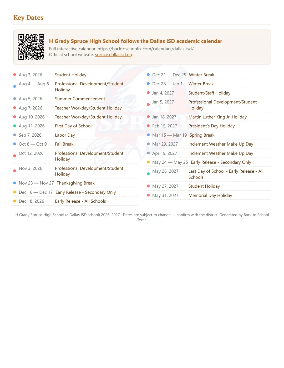 H Grady Spruce High School Calendar for the Year 26-27 — key dates