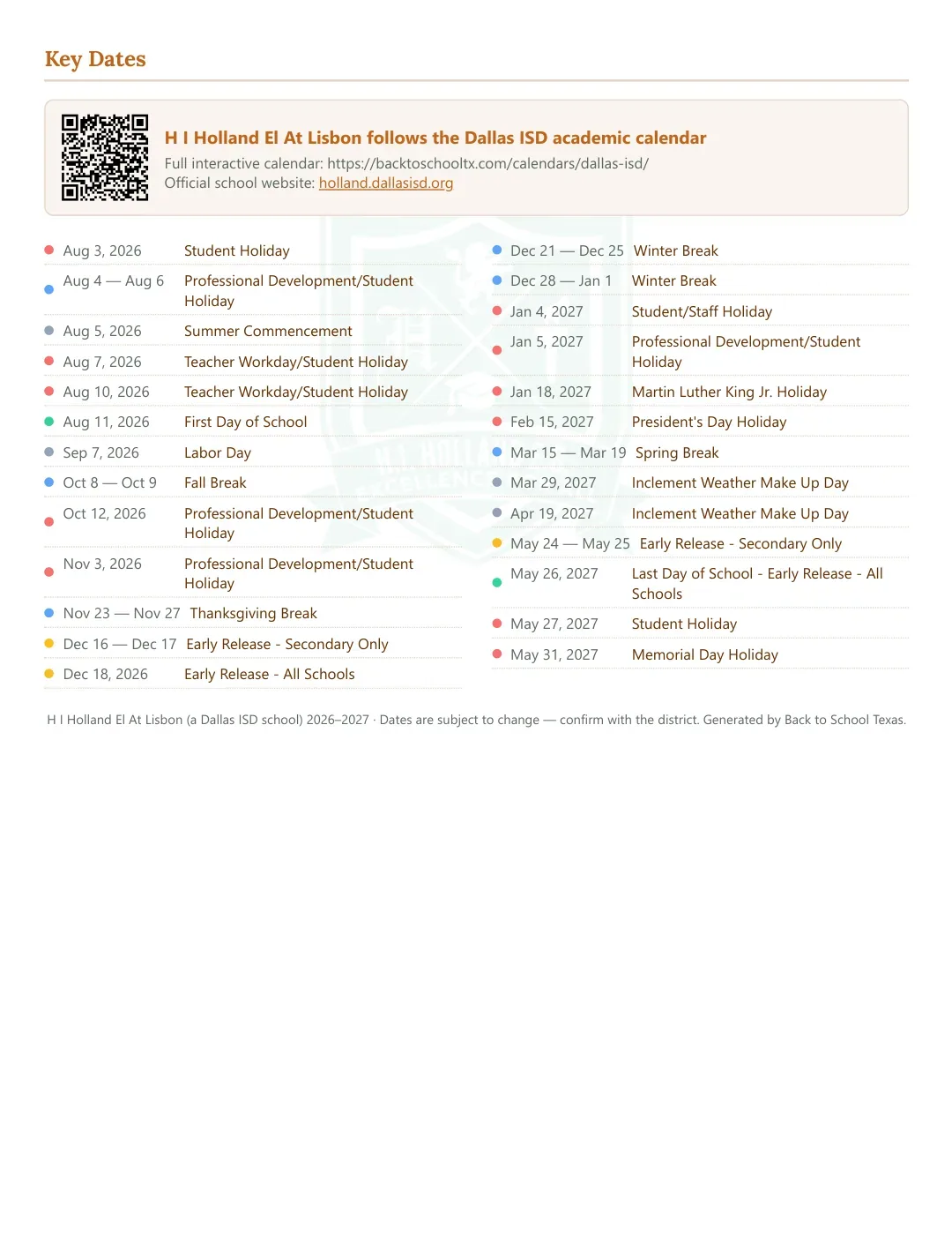 H I Holland El At Lisbon Calendar for the Year 26-27 — key dates
