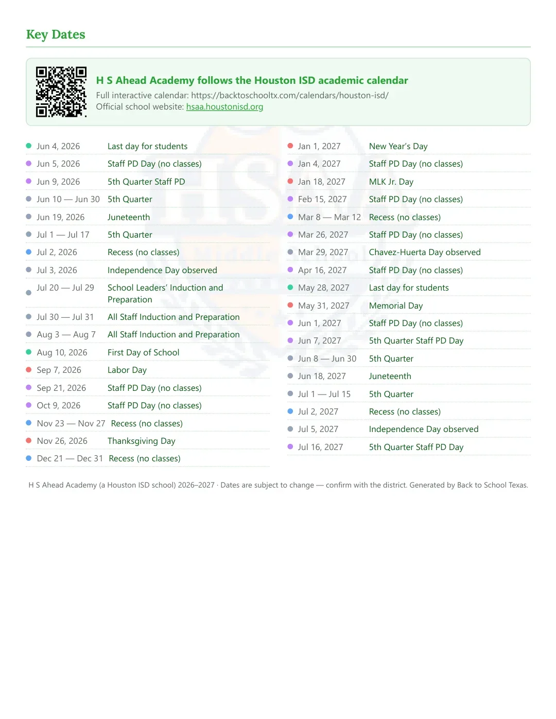 H S Ahead Academy Calendar for the Year 26-27 — key dates