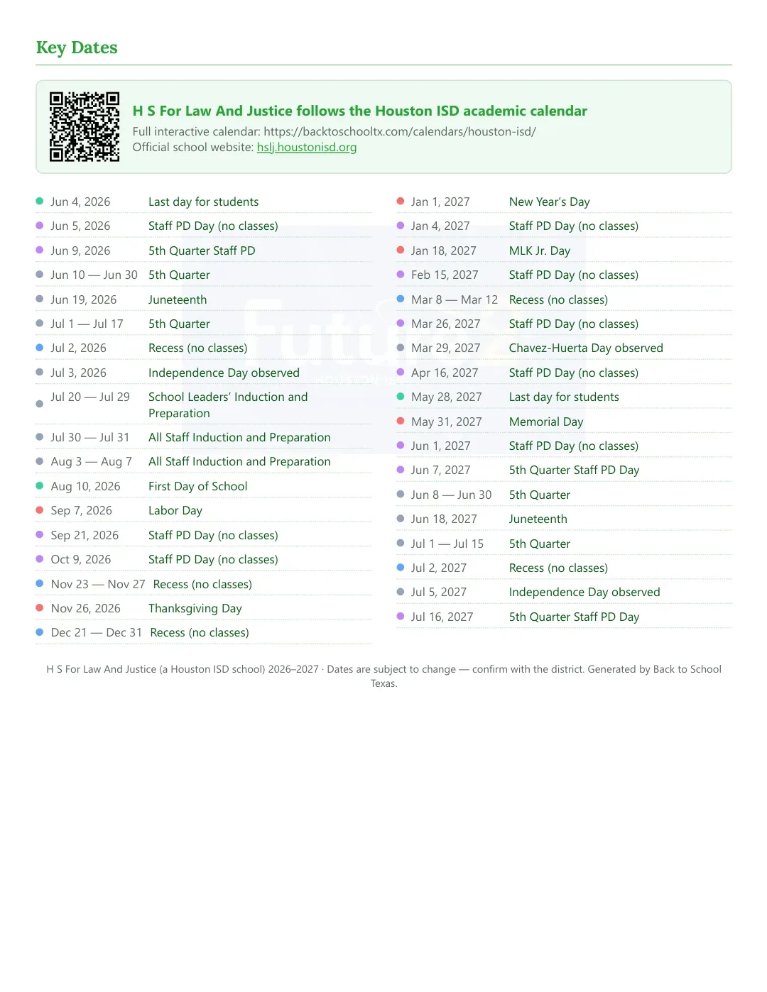 H S For Law And Justice Calendar for the Year 26-27 — key dates
