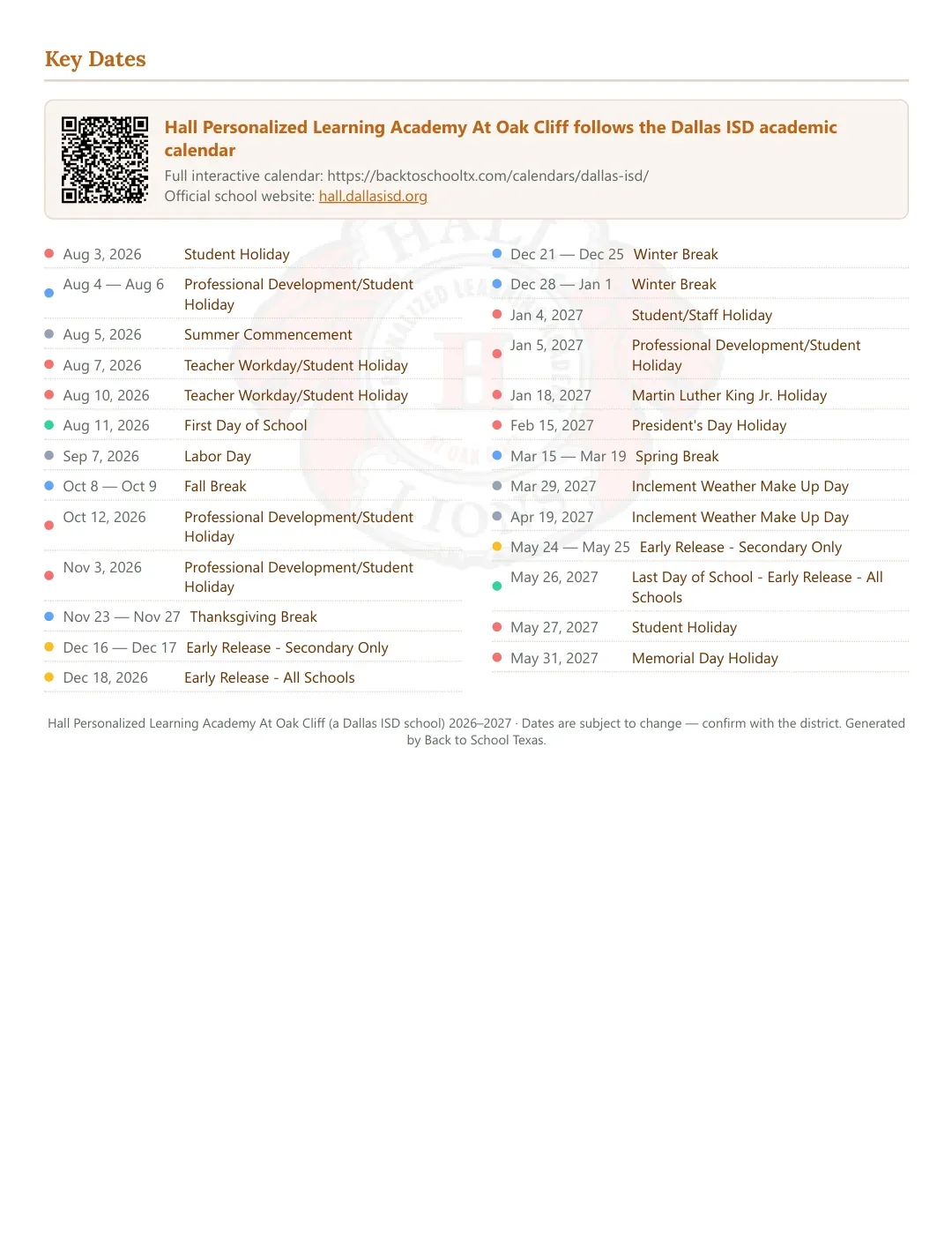 Hall Personalized Learning Academy At Oak Cliff Calendar for the Year 26-27 — key dates