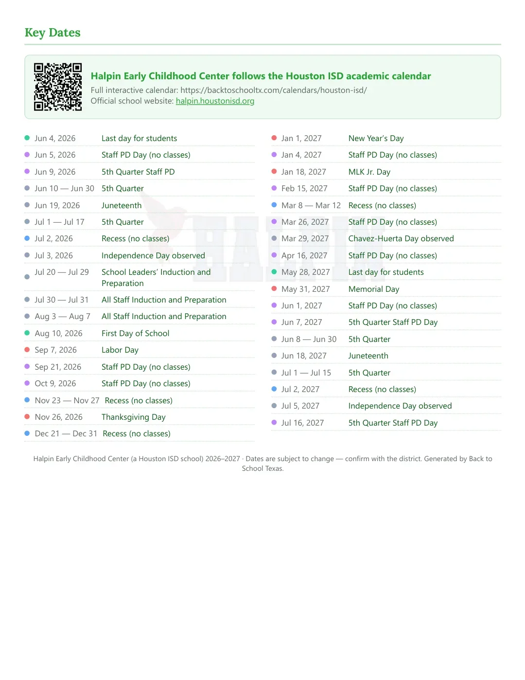 Halpin Early Childhood Center Calendar for the Year 26-27 — key dates
