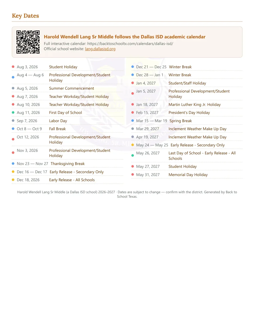 Harold Wendell Lang Sr Middle Calendar for the Year 26-27 — key dates