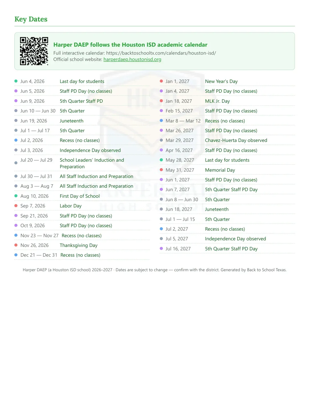 Harper DAEP Calendar for the Year 26-27 — key dates