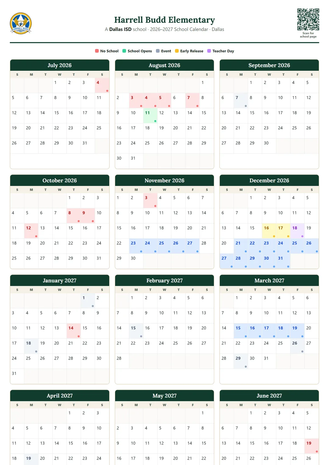 Harrell Budd Elementary printable 2026–2027 calendar