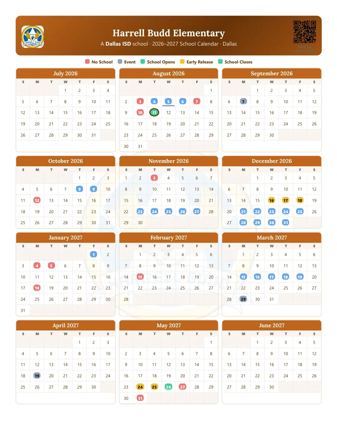 Harrell Budd Elementary Calendar for the Year 26-27