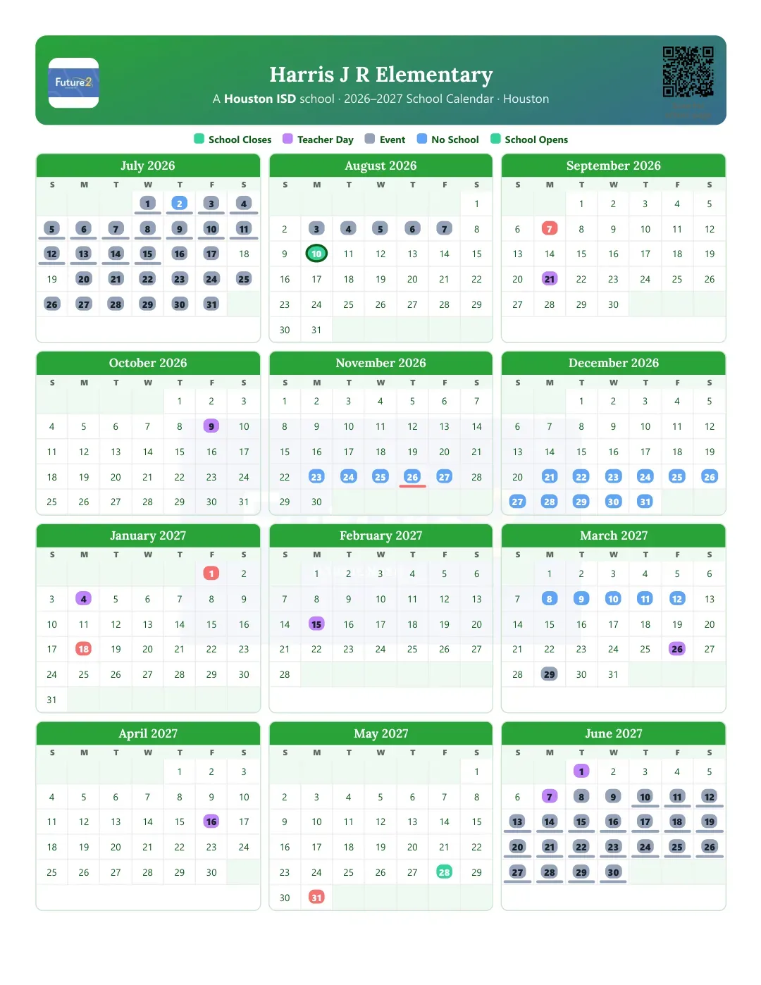 Harris J R Elementary Calendar for the Year 26-27