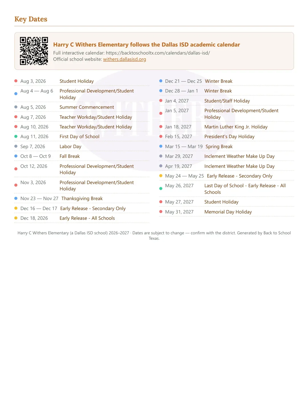 Harry C Withers Elementary Calendar for the Year 26-27 — key dates
