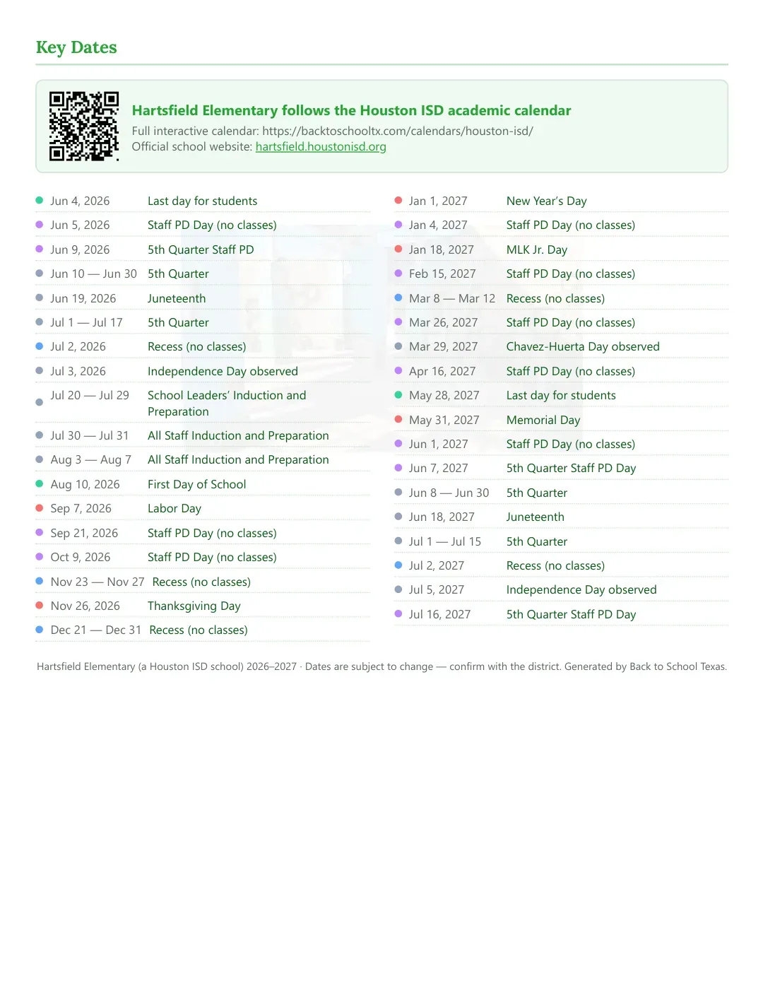 Hartsfield Elementary Calendar for the Year 26-27 — key dates