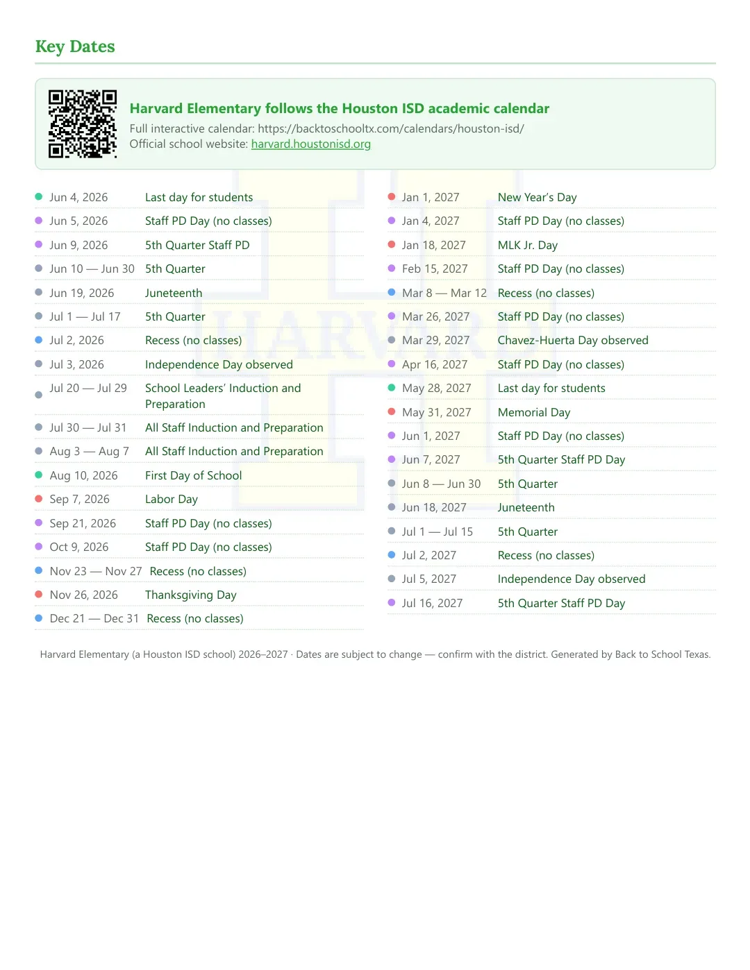 Harvard Elementary Calendar for the Year 26-27 — key dates