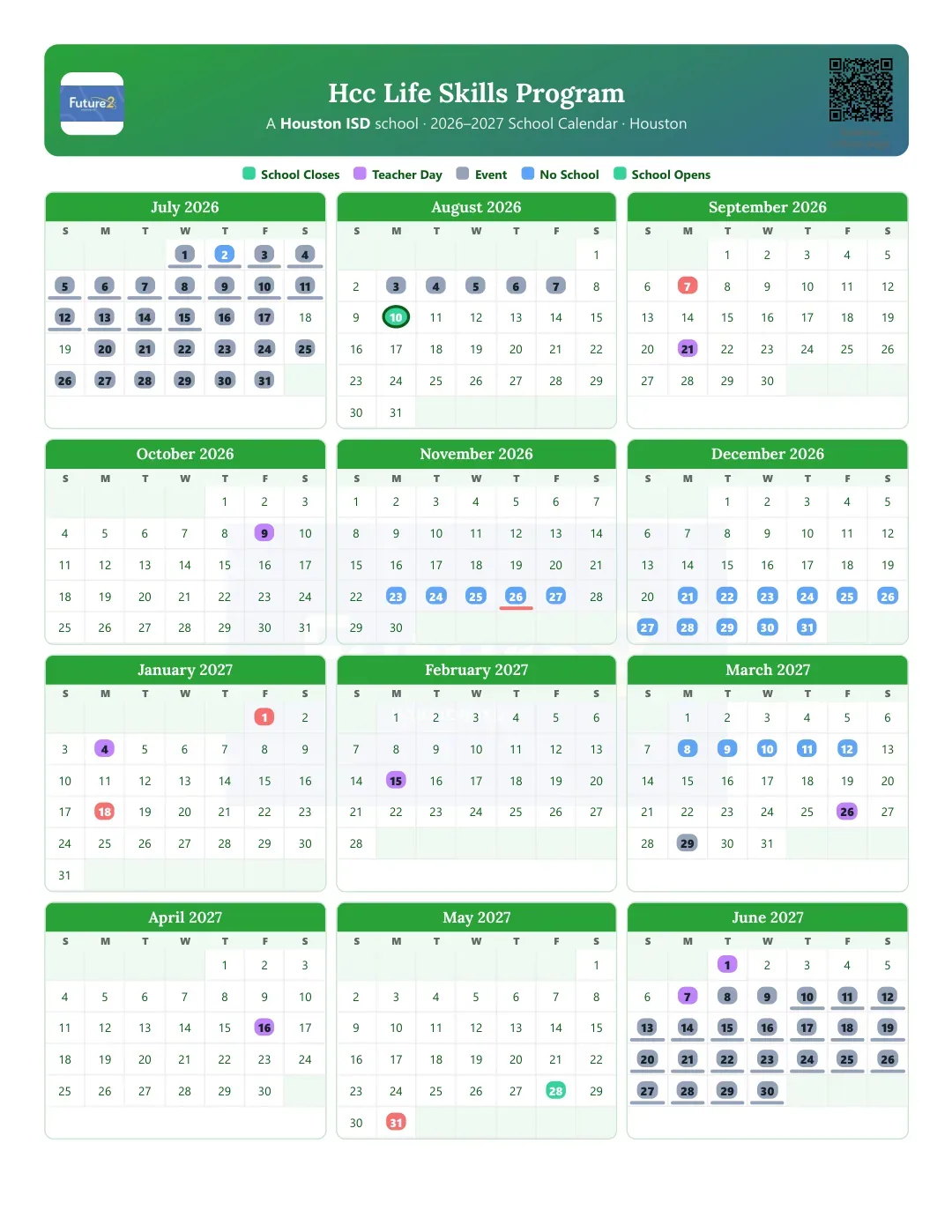 Hcc Life Skills Program Calendar for the Year 26-27