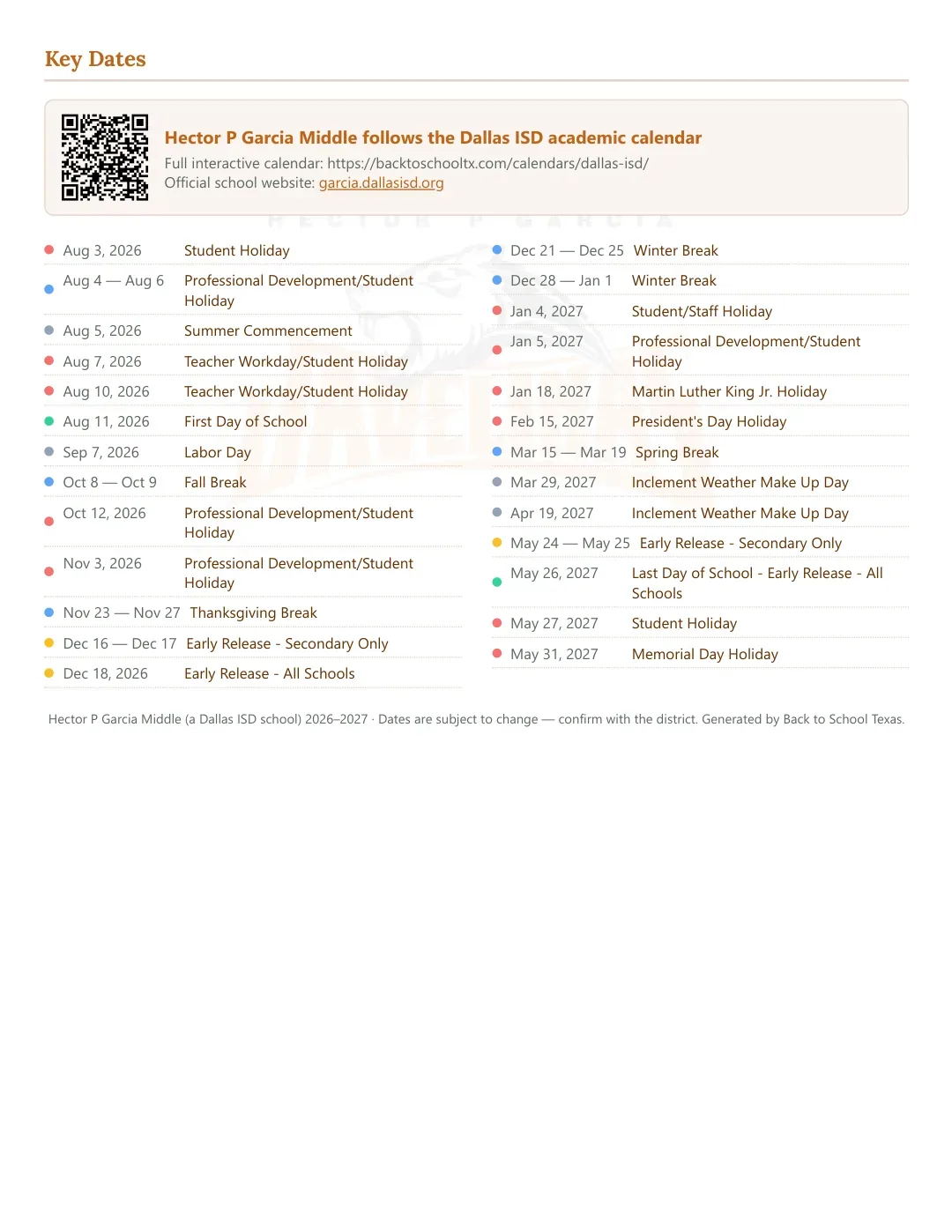Hector P Garcia Middle Calendar for the Year 26-27 — key dates