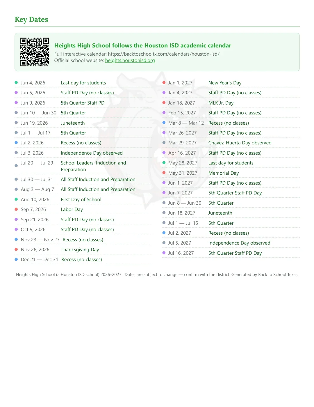 Heights High School Calendar for the Year 26-27 — key dates