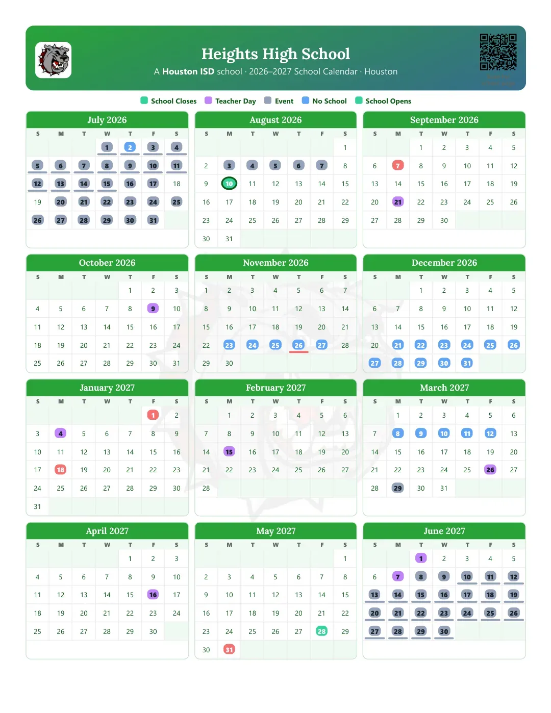 Heights High School Calendar for the Year 26-27