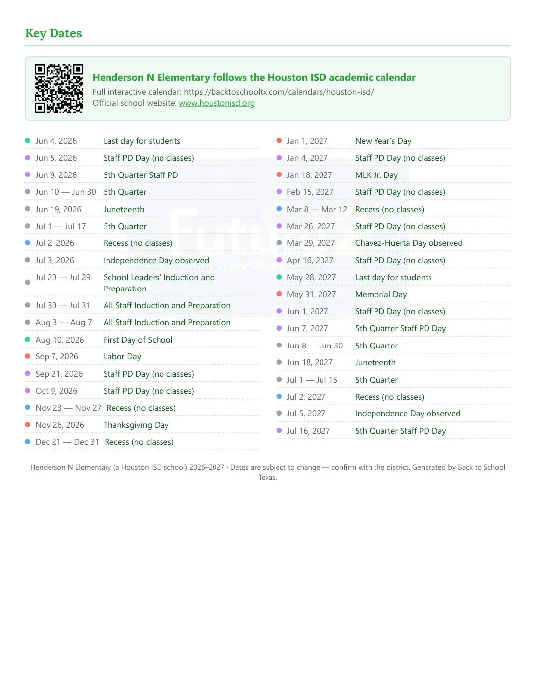 Henderson N Elementary Calendar for the Year 26-27 — key dates