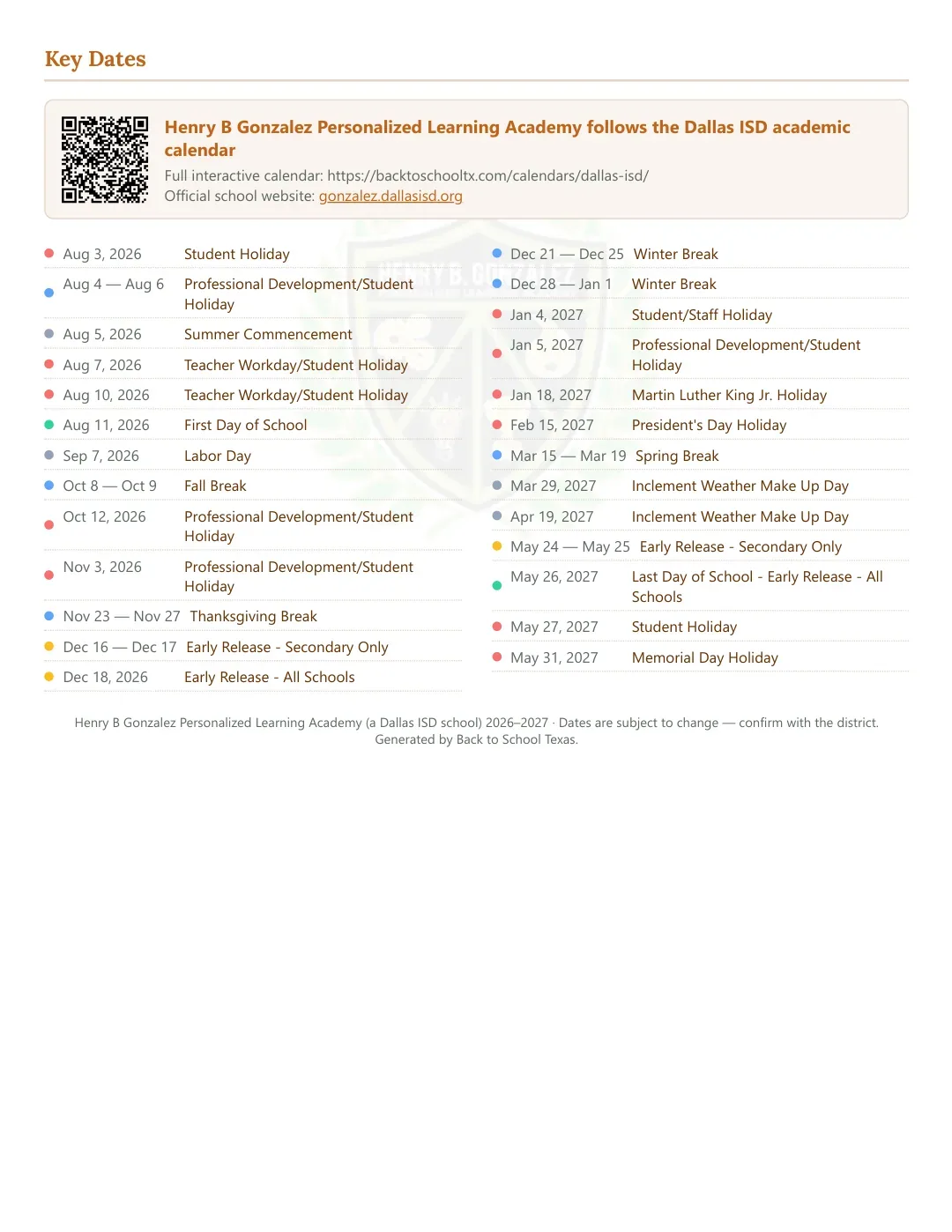 Henry B Gonzalez Personalized Learning Academy Calendar for the Year 26-27 — key dates