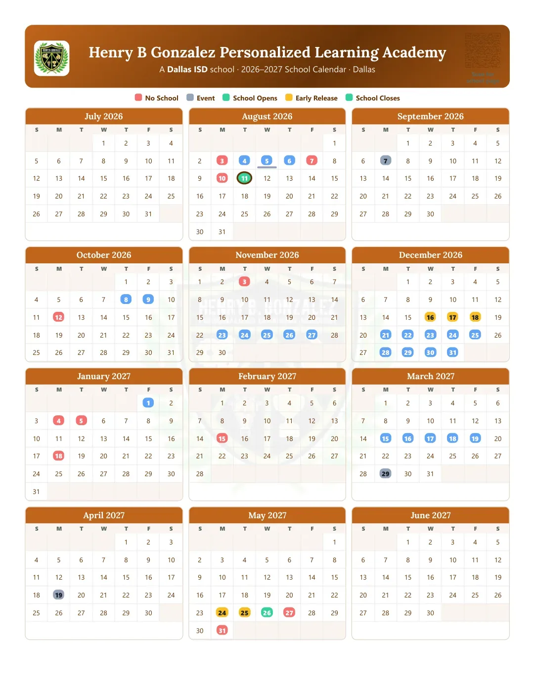 Henry B Gonzalez Personalized Learning Academy Calendar for the Year 26-27