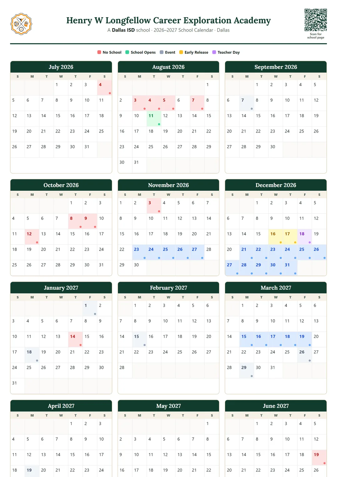 Henry W Longfellow Career Exploration Academy printable 2026–2027 calendar