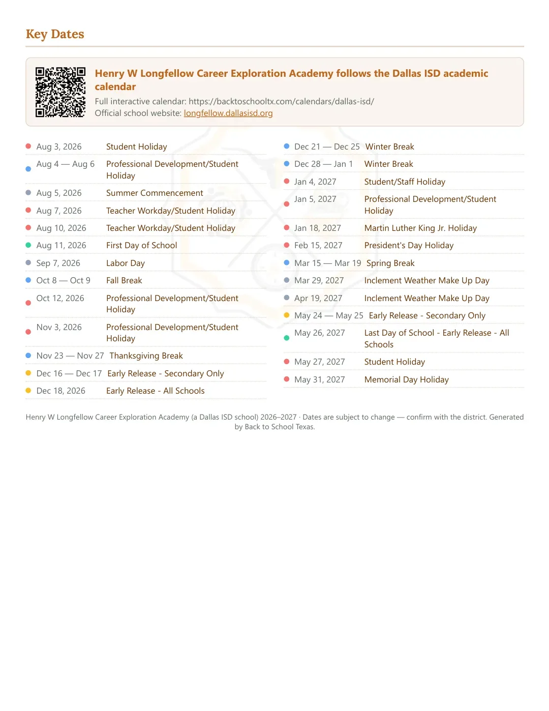 Henry W Longfellow Career Exploration Academy Calendar for the Year 26-27 — key dates