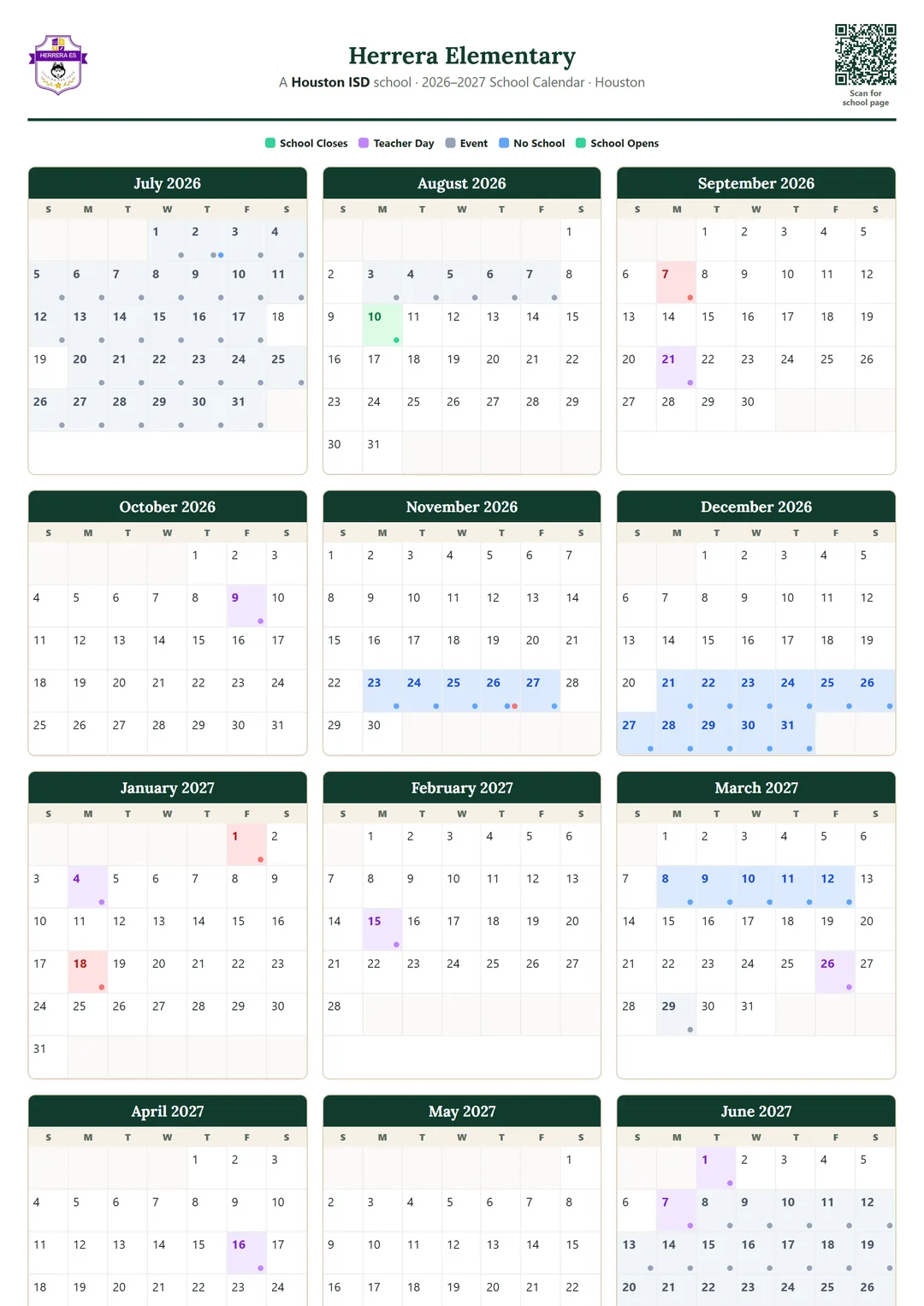 Herrera Elementary printable 2026–2027 calendar