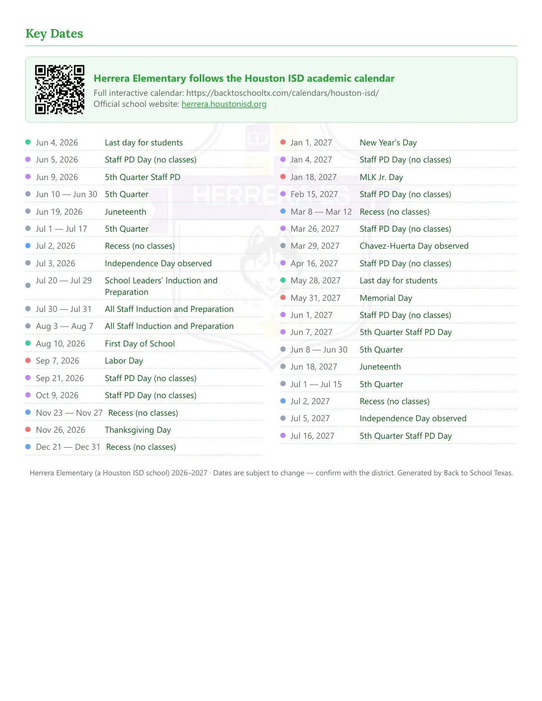 Herrera Elementary Calendar for the Year 26-27 — key dates