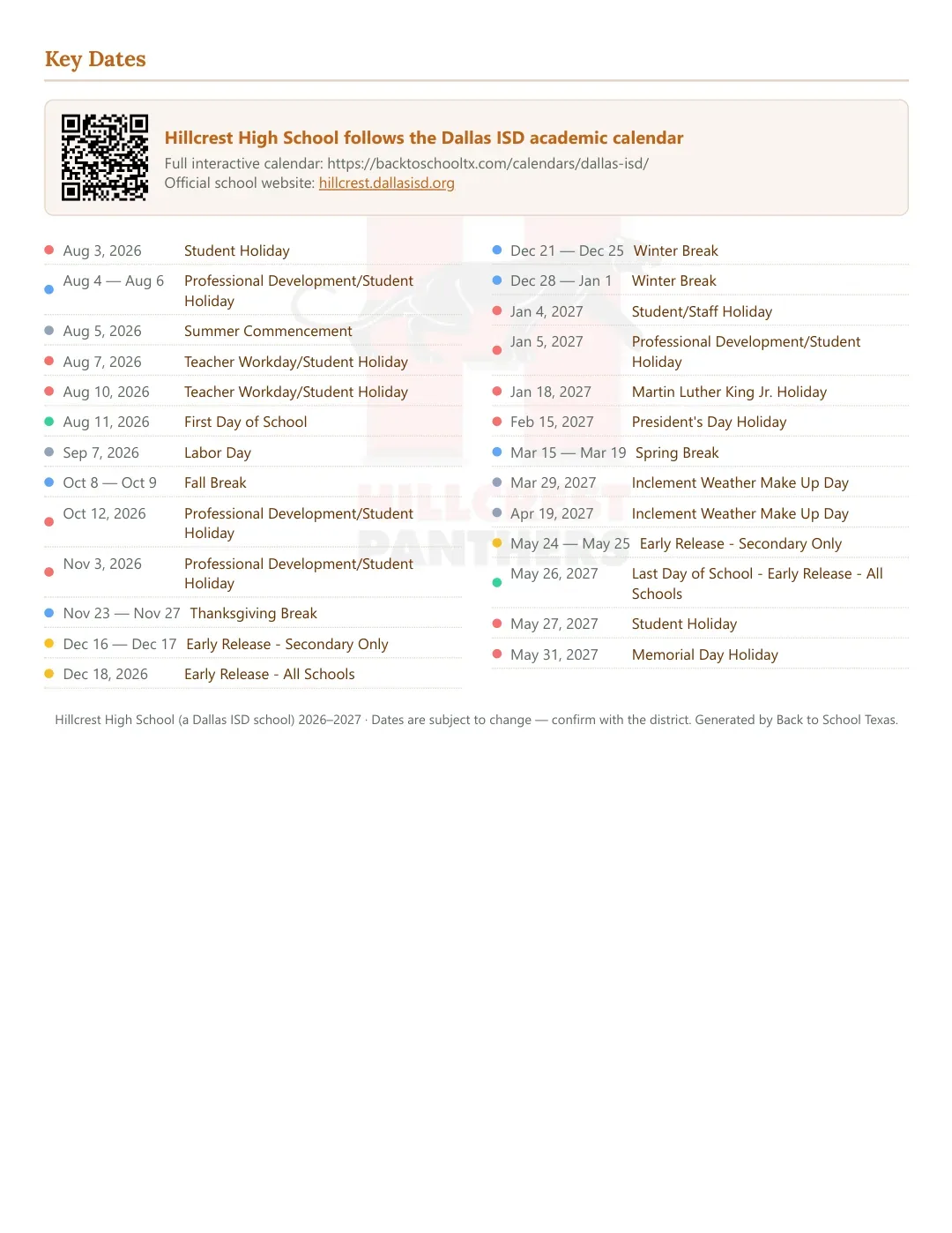 Hillcrest High School Calendar for the Year 26-27 — key dates